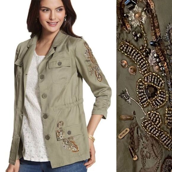 Chico's Lightweight Olive Utility Jacket with Embroidery, Beading & Sequins Size - Picture 2 of 5